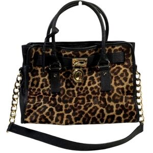Michael Kors Leopard Satchel/Crossbody with Black and Gold Accents And Lock EUC